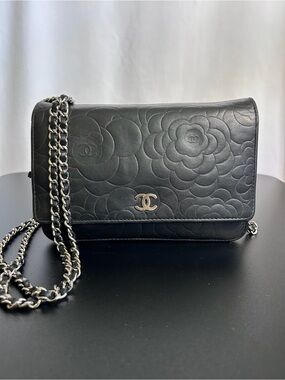 CHANEL Authentic Wallet on a Chain WOC in Black Camellia Leather